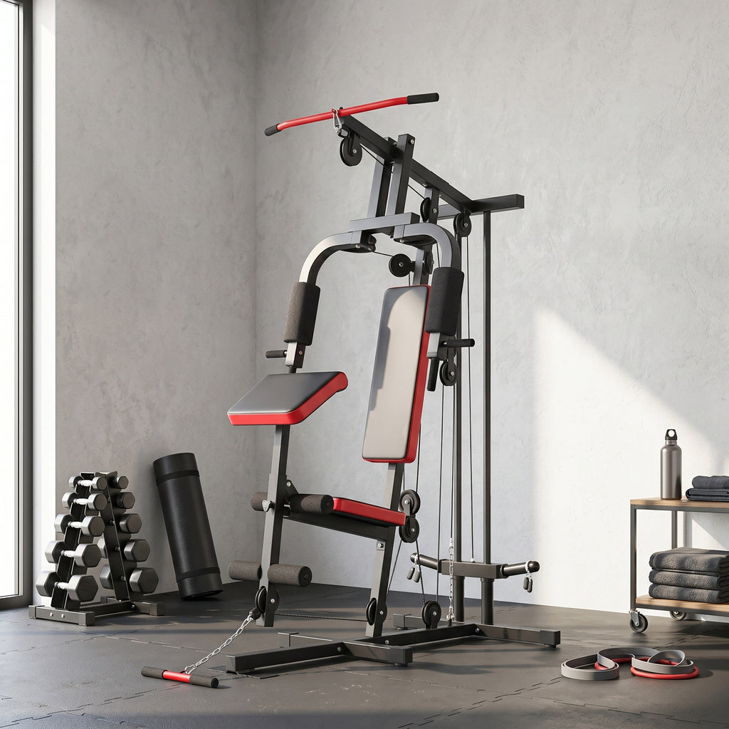 Station de Musculation Multifonction à Disques Libres, avec Banc Amovible, 136x107x205cm, Noir et Rouge-9