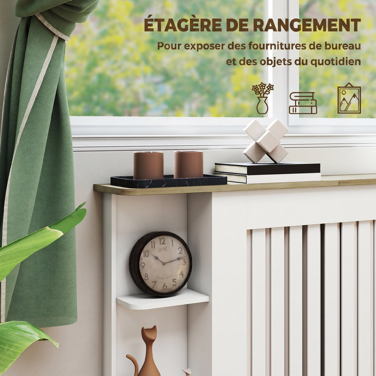 Cache-radiateur avec étagères de rangement ouvertes, couvercle de radiateur en bois à lattes, 152x19x83cm, blanc-5