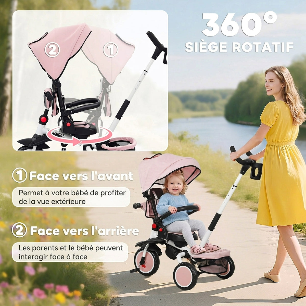 Tricycle bébé évolutif 6 en 1, tricycle enfant pliable avec poignée parentale réglable, siège pivotant 360°, rose-4