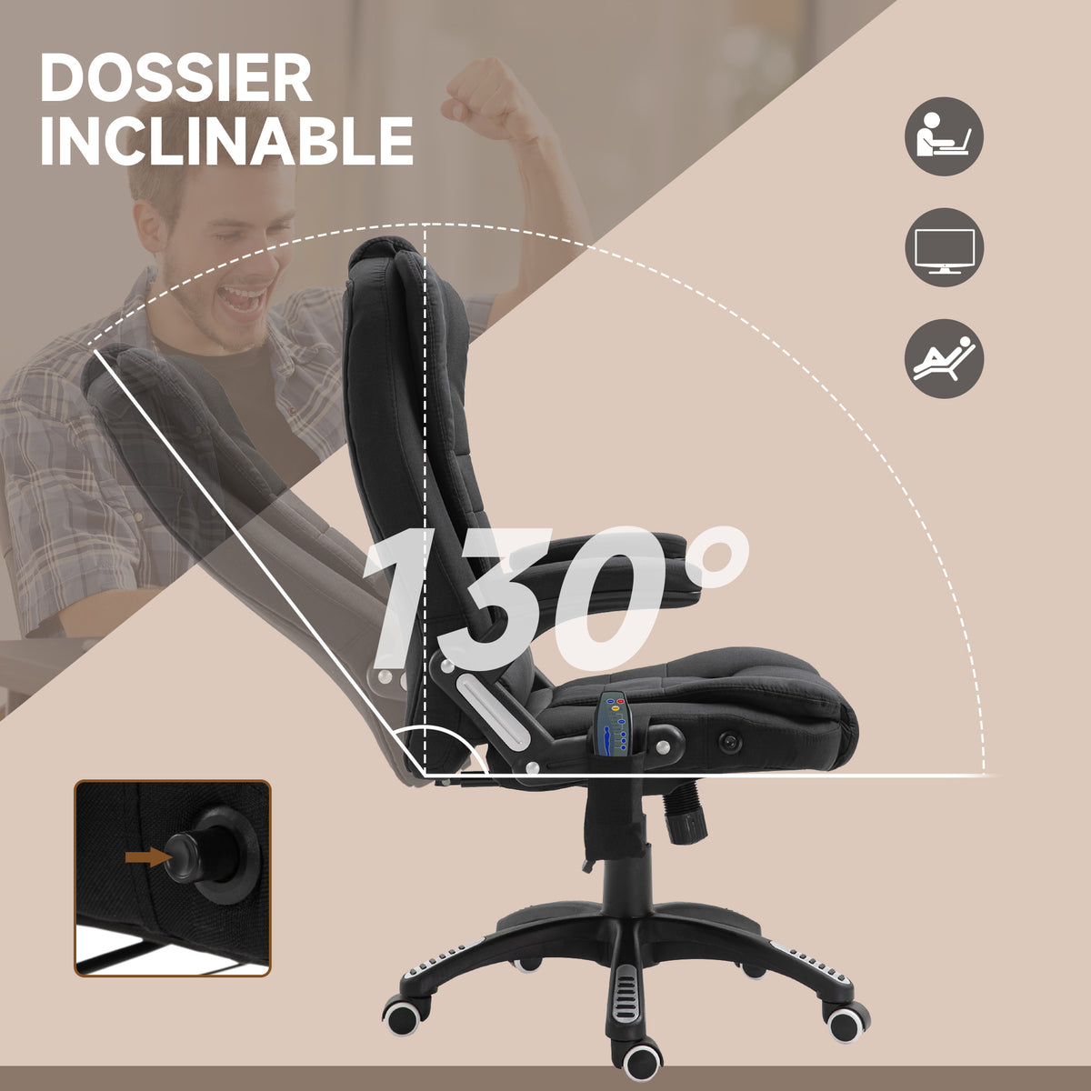 Fauteuil de bureau massant et chauffant, chaise de bureau, chaise ergonomique avec hauteur réglable, dossier-6