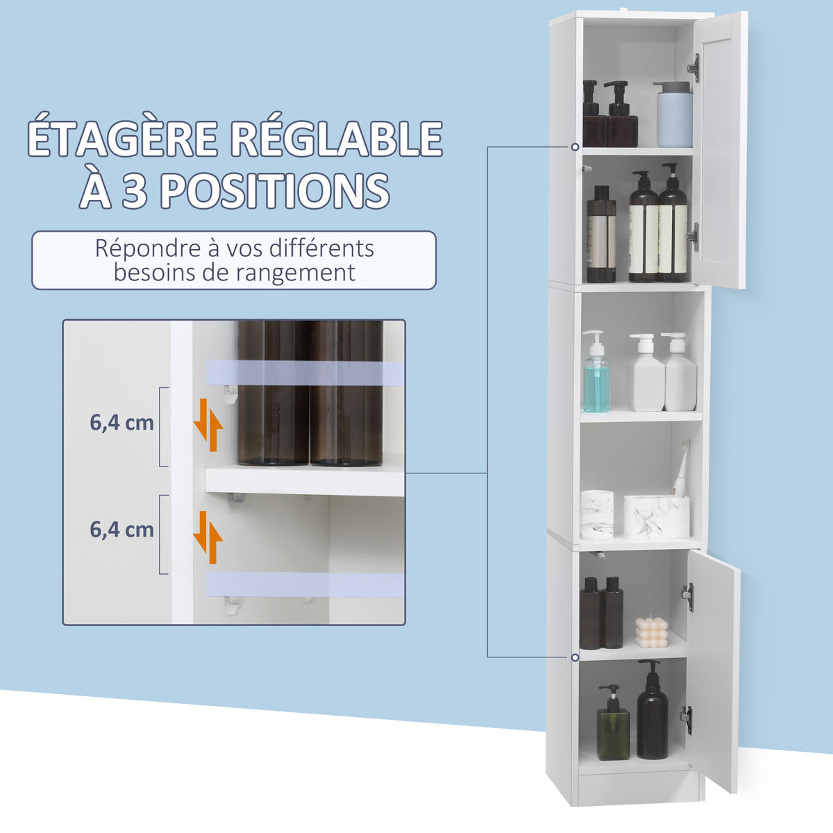 Armoire salle de bain haute, meuble de rangement colonne avec miroir, 2 portes, étagères réglables, 30x28x170cm, blanc-4