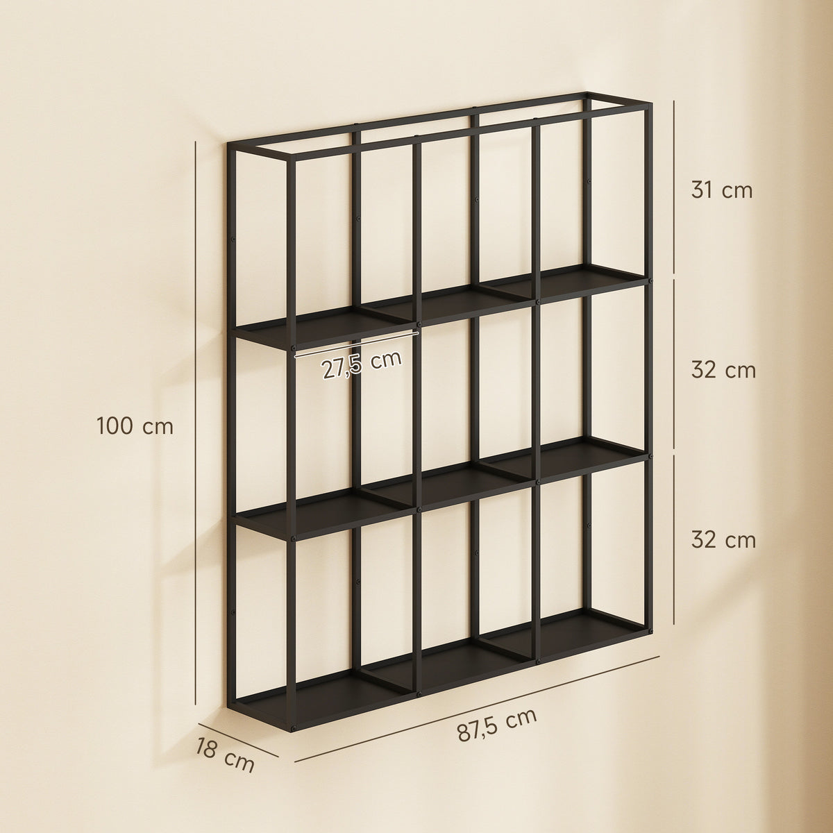Étagère Murale Industrielle 9 Compartiments, Étagère Modulaire en Métal pour Objets de Collection, 87,5x18x100cm Noir-2