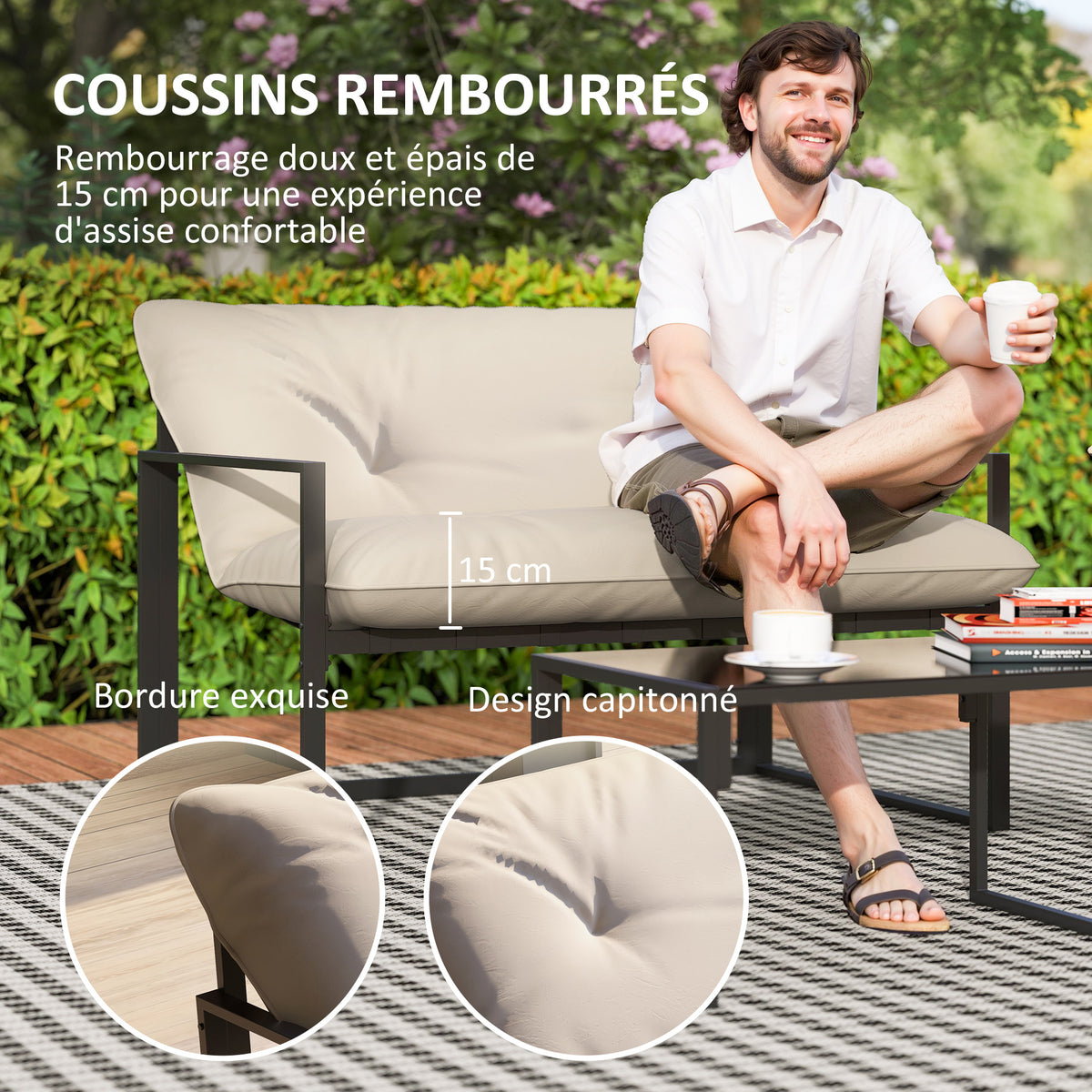 Salon de jardin 4 pièces 4 personnes avec canapé 2 places, 2 fauteuils et 1 table basse gris-3