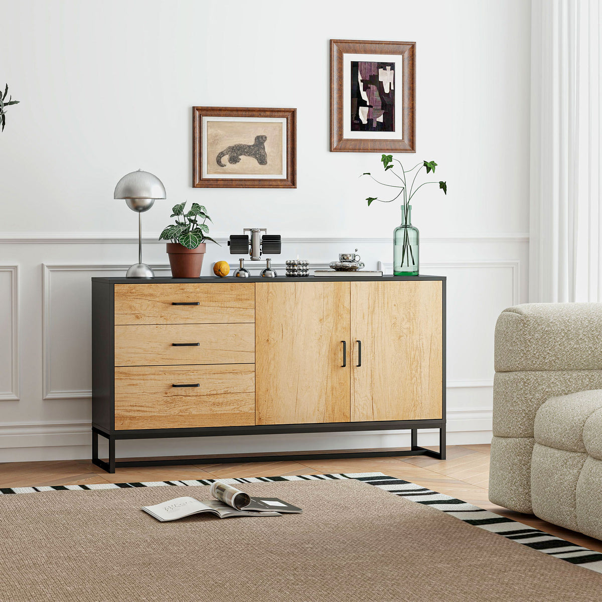 Buffet salon meuble de rangement avec 3 tiroirs et étagère réglable, pieds en acier, poignées en alliage d'aluminium-1
