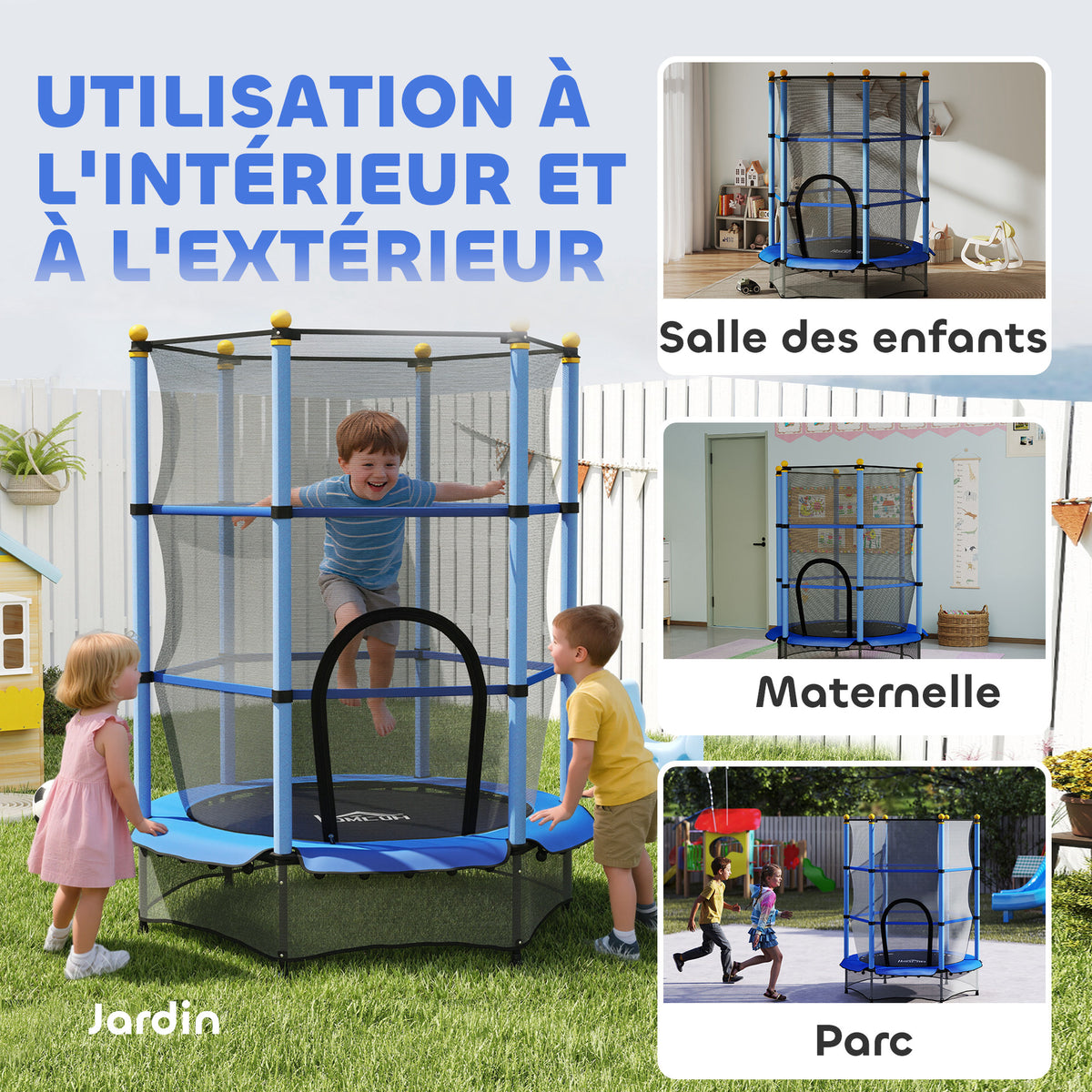 Trampoline Enfant Ø 1,40 × 1,90H m Filet de sécurité Porte zipée Couvre-Ressorts 6 poteaux rembourrés Inclus Bleu-8