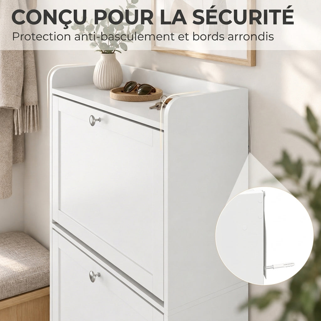 Meuble à Chaussures 15 Paires, Armoire à Chaussures avec 3 Tiroirs, Étagères Réglables et Plateau Supérieur, Blanc-4