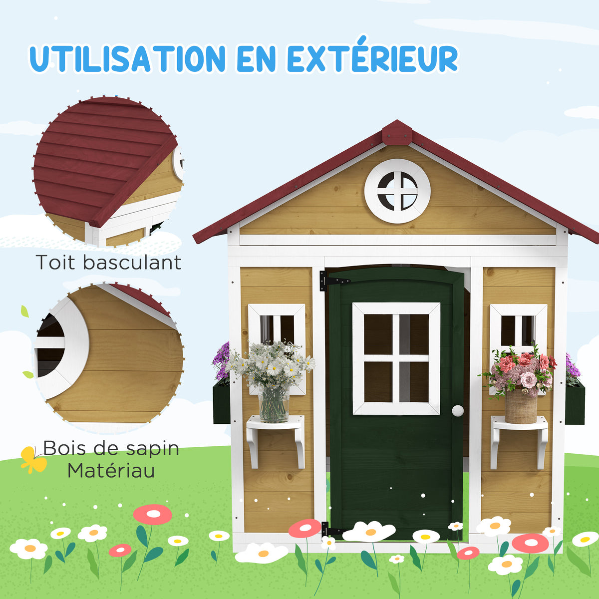 Cabane enfant extérieur maison enfant extérieure avec porte fenêtres et jardinières 114 x 126,4 x 135 cm beige-4