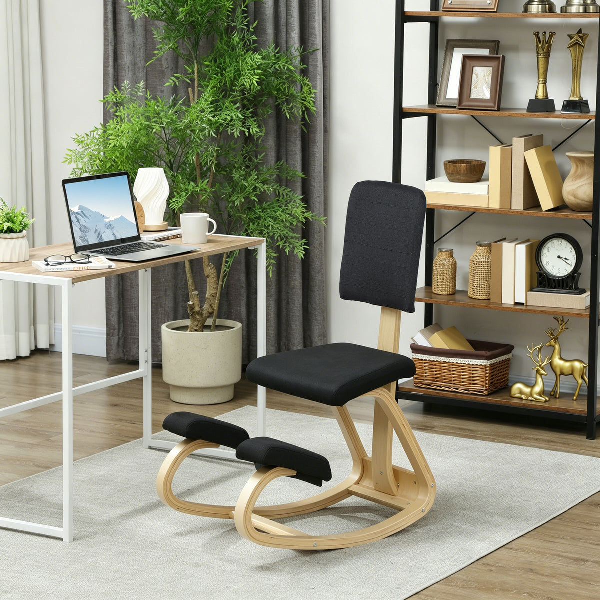 Siège assis genoux, tabouret ergonomique en bois à bascule avec dossier, chaise à genoux pour bureau à domicile, noir-1