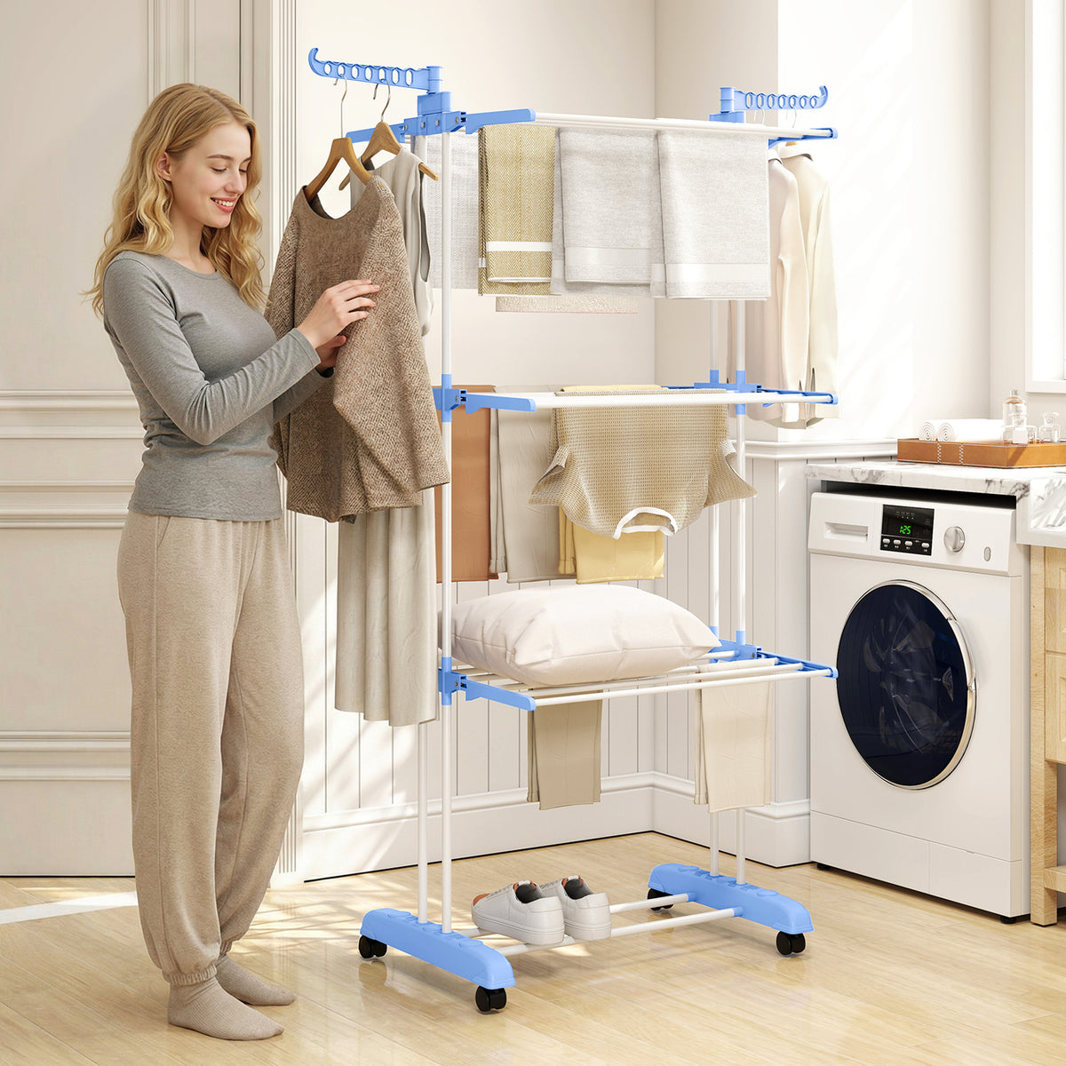 Séchoir étendoir à linge sur roulette pliable ailes latérales intérieure et extérieure 73 x 64 x 177 cm bleu argent-1