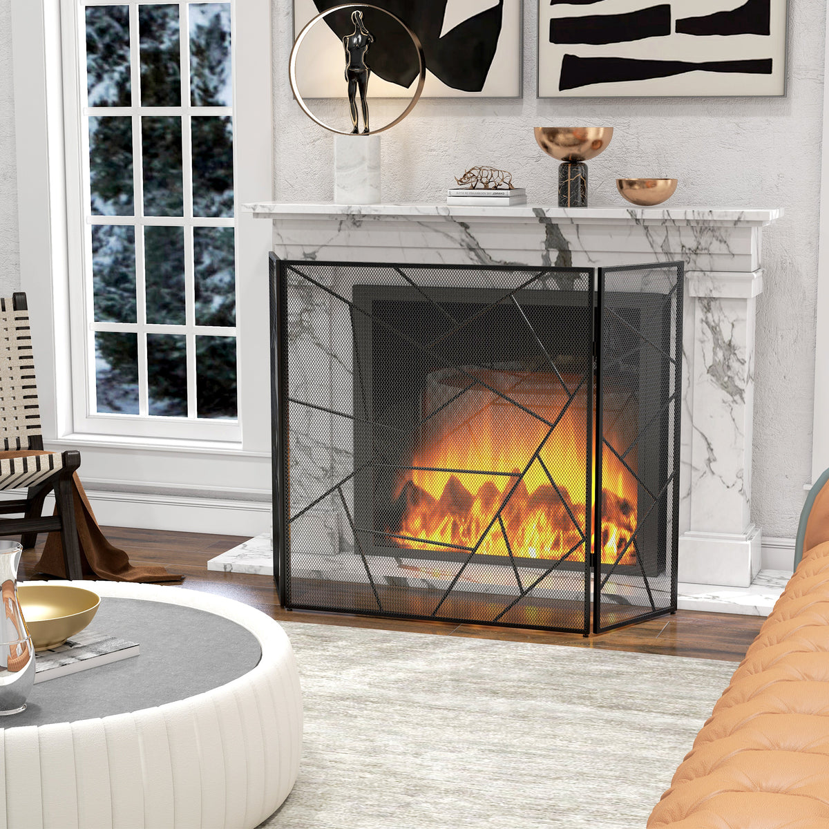 Pare feu cheminée pliable 3 panneaux en acier avec décor géométrique et pieds antidérapants, 135l x 1,2P x 85H cm, noir-6