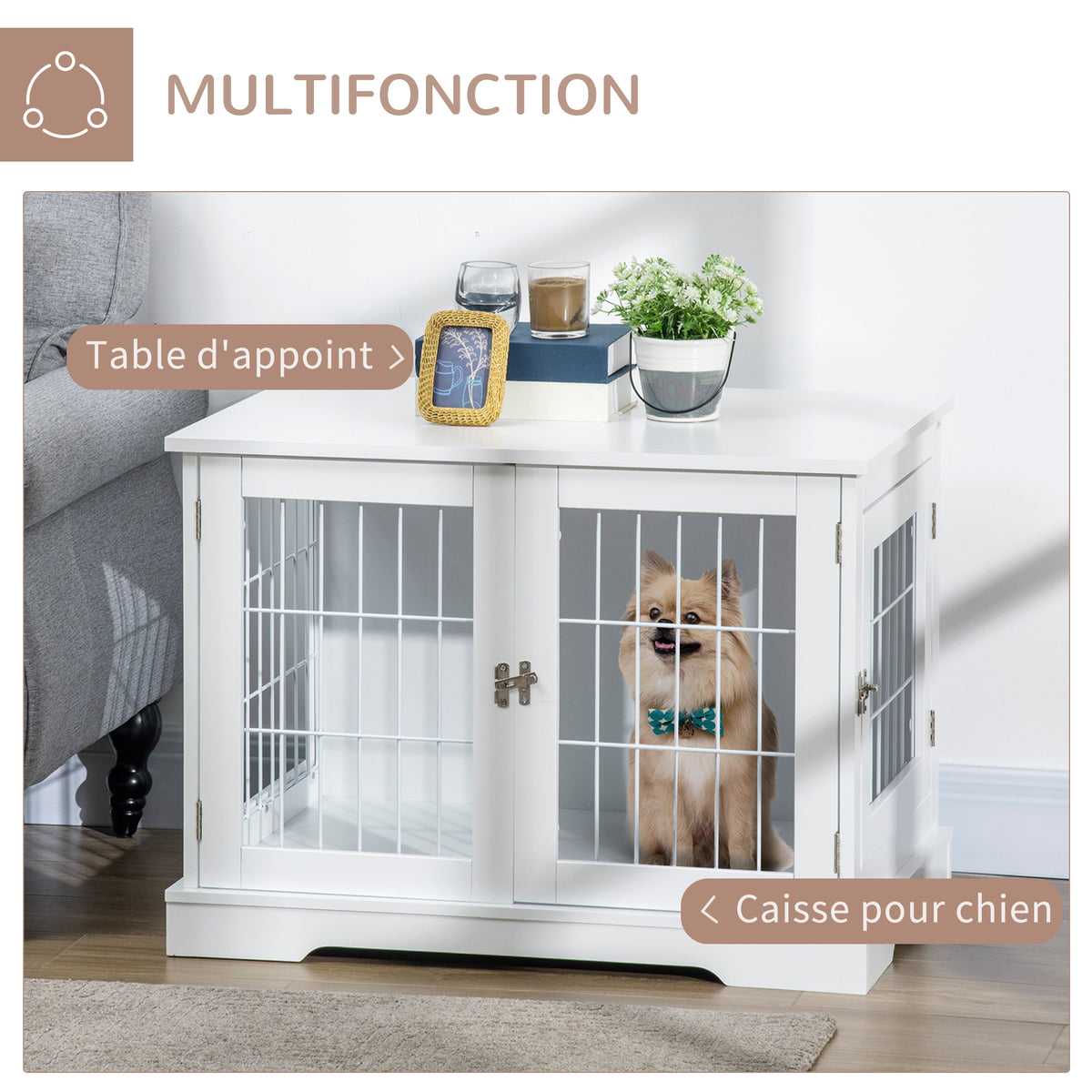 Cage pour chien animaux 2 en 1 table d'appoint meuble cage chien intérieur avec 2 portes verrouillables - dim. 76L x 54.5l x 56H cm - Métal et MDF-3