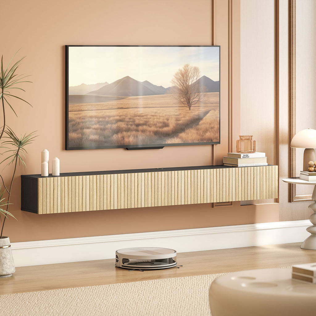 Meuble TV suspendu 140cm, meuble télé pour téléviseur 72 pouces, 2 portes rabattables, 140x25x22cm, bois naturel et noir-9