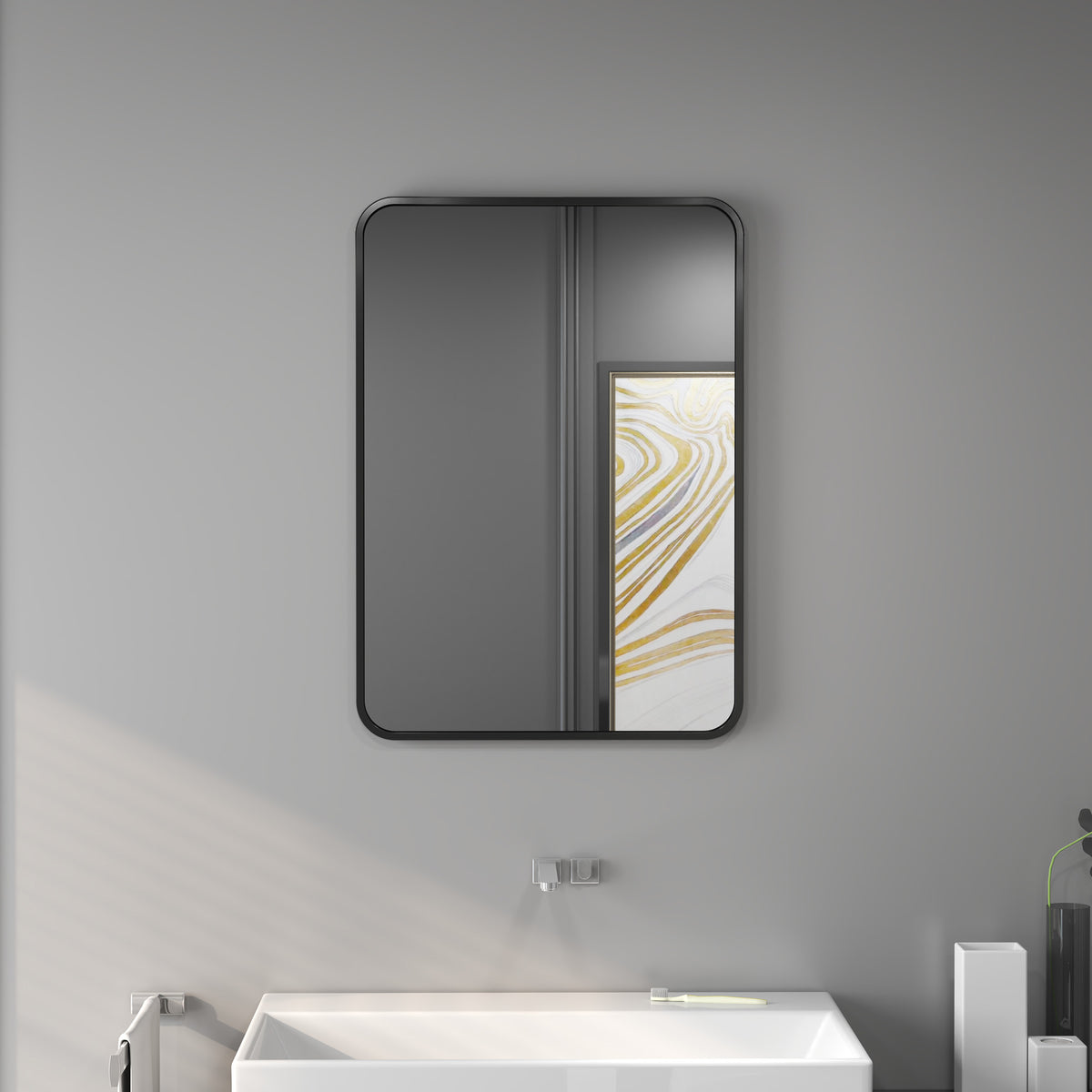Miroir de Salle de Bain avec Cadre en Métal et Crochet, 50x2,5x70 cm, Noir-1