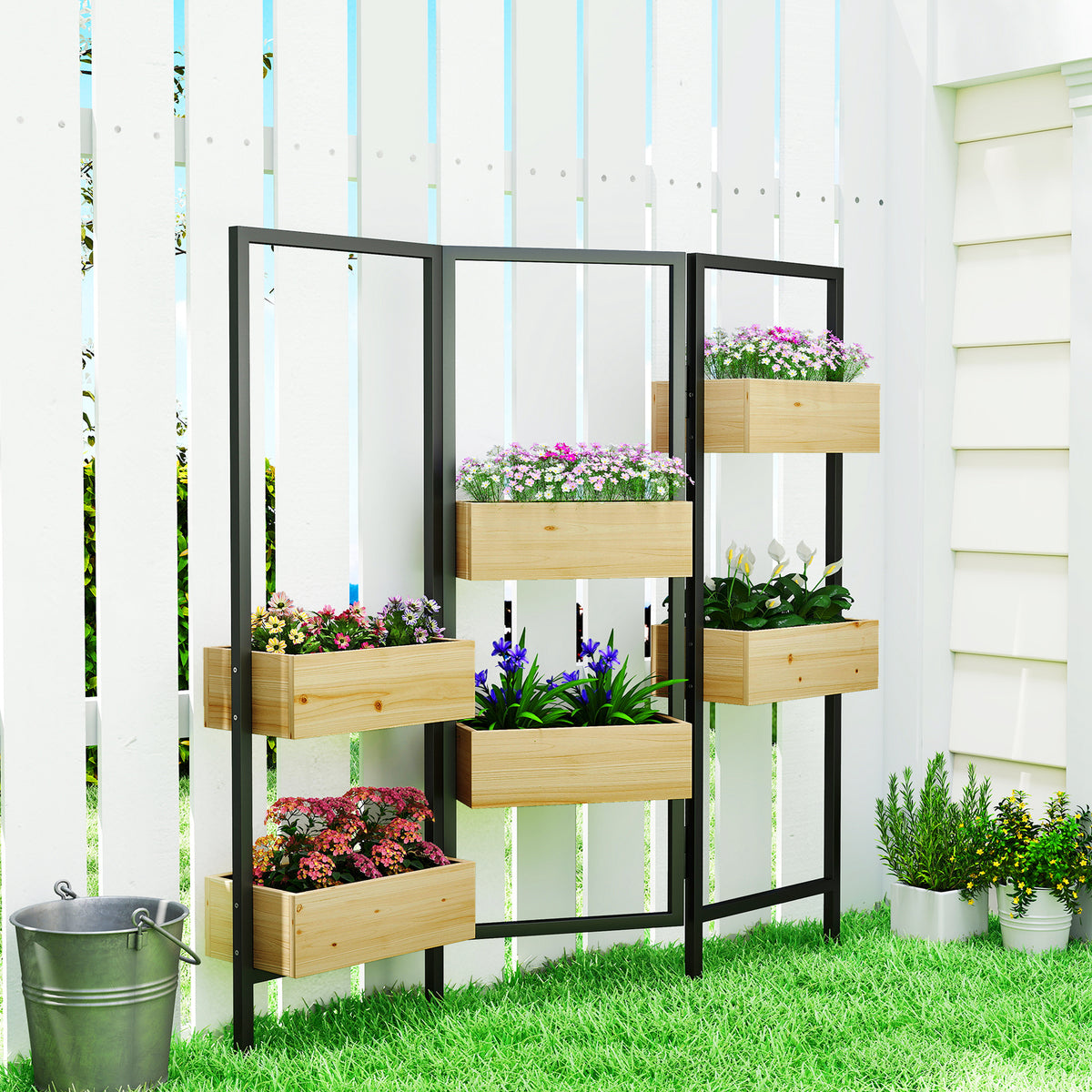 Séparateur de pièce avec 6 bacs, paravent extérieur pliable à 3 panneaux avec trou de drainage et doublure, bois naturel-1