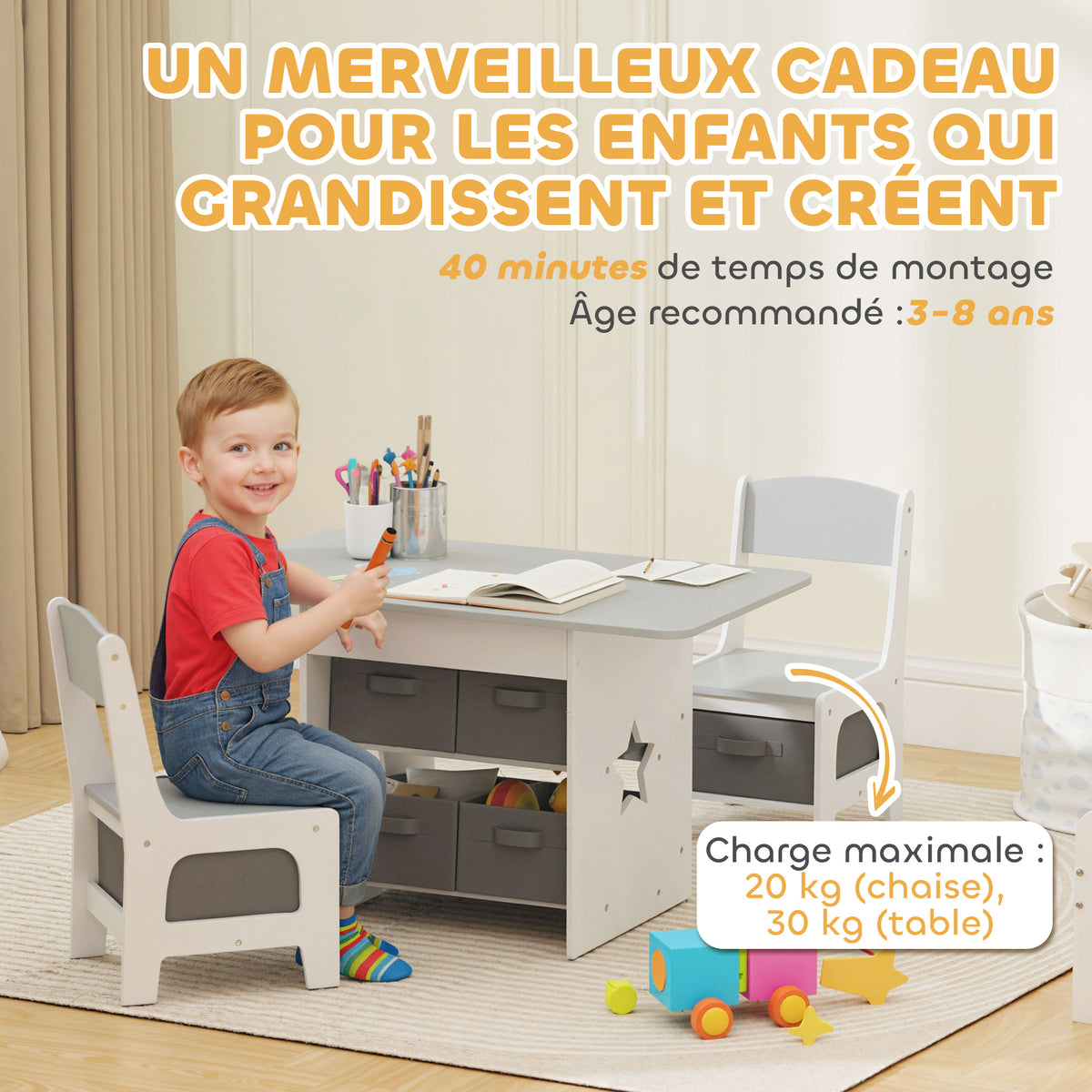 Ensemble table et 2 chaises enfant avec 6 tiroirs amovibles, pour fille garçon 3-8 ans, gris-7