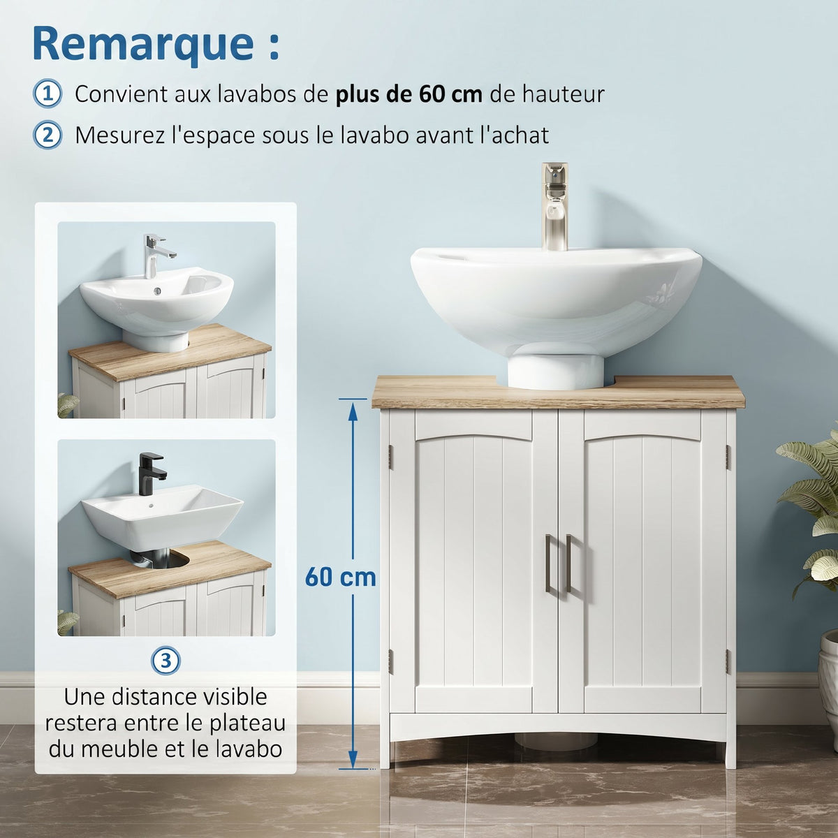 Meuble salle de bain sous lavabo à double portes avec étagères réglables, blanc et bois naturel-4