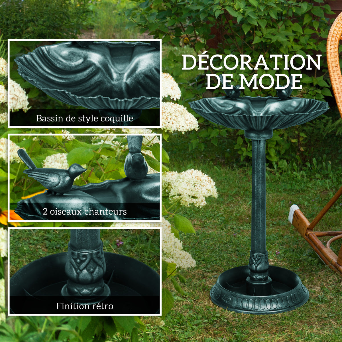 Bain d'oiseaux abreuvoir antique 81 cm avec base de jardinière, mangeoire et bassin à oiseaux sur pied, bronze vert-4