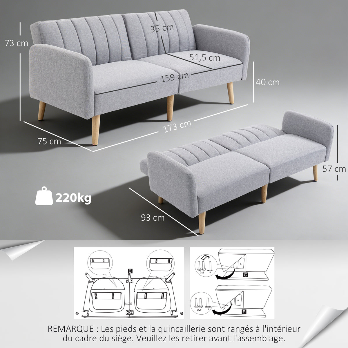 Canapé Convertible 2 Places Design scandinave Dossier inclinable 3 Positions Pieds Bois Tissu Aspect Lin Gris-2
