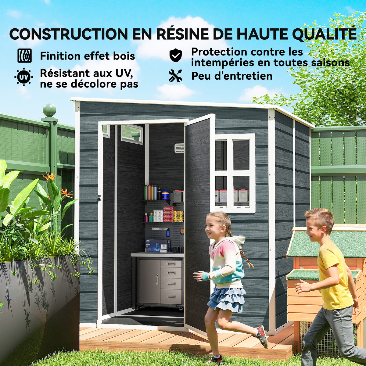 Abri de Jardin Cabanon de Stockage Plancher Structure Aluminium 3 Fenêtres 2 Aérations 182x182x183cm Gris Effet Bois-7
