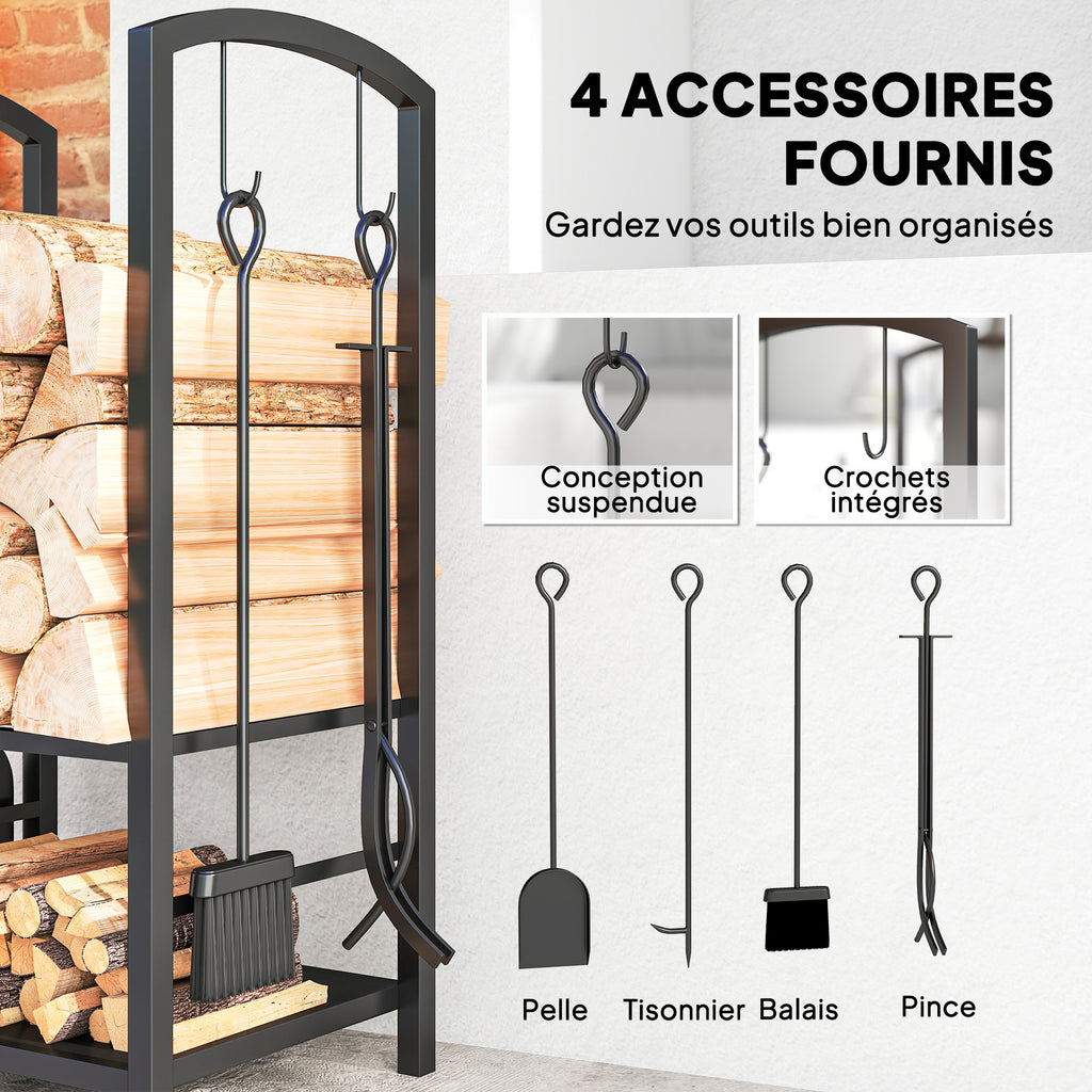 Porte bûches - Range bûches Serviteur de cheminée - Multi Accessoires 2 étagères 40L x 30l x 75H cm métal Noir-4