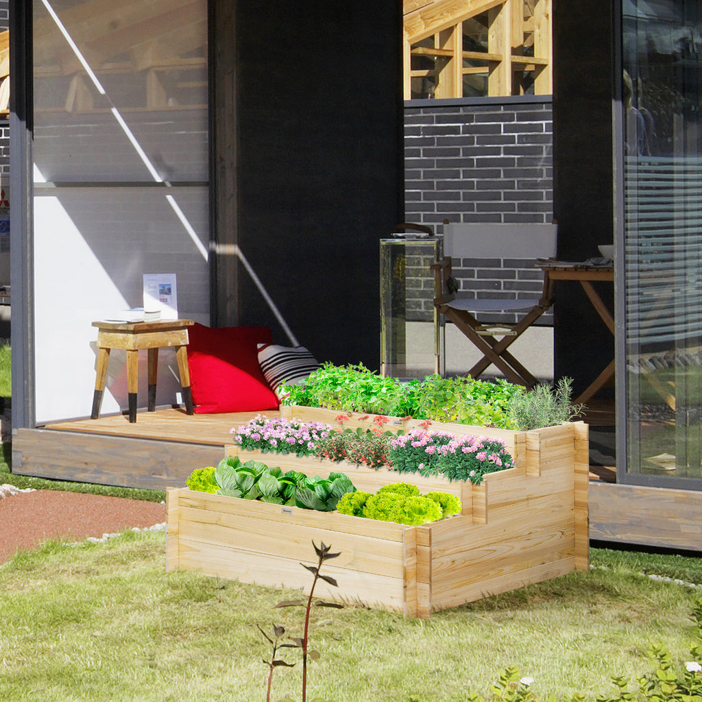 Jardinière sur pieds à 3 niveaux carré potager de jardin avec 9 compartiments en bois de sapin et tissu non tissé-1