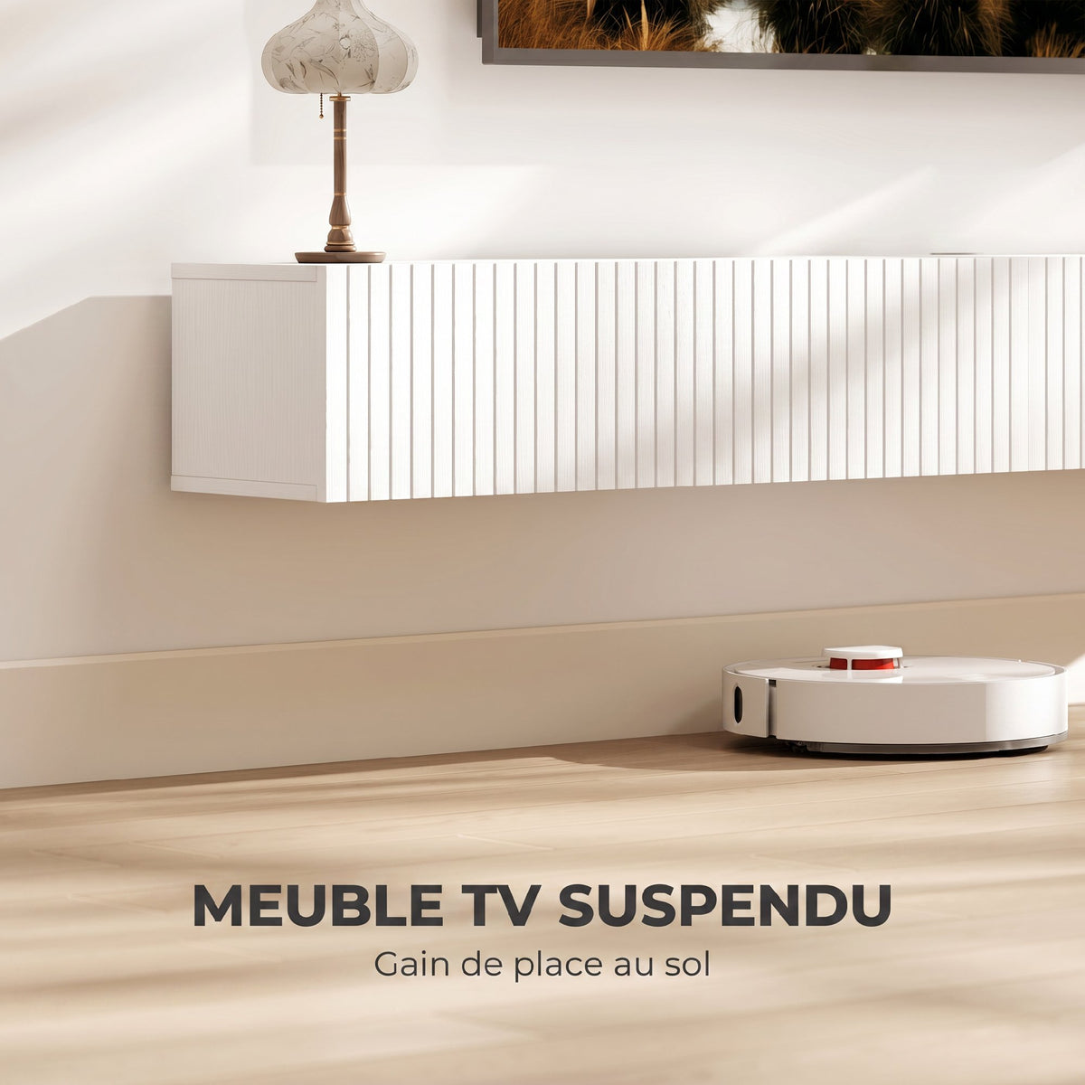 Meuble TV suspendu 180cm, meuble télé pour téléviseur 72 pouces, 2 portes rabattables, 180x25x22cm, blanc-3