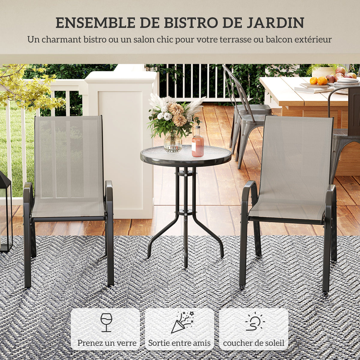 3 pièces salon de jardin extérieur ensemble de meubles 2 fauteuils empilables table basse dessus verre trempé gris clair-3
