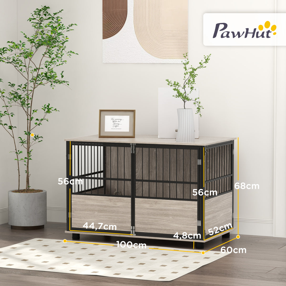 Cage pour chien intérieur, table d'appoint, 100 x 60 x 68 cm, niche, 3 portes verrouillables,  aspect bois noir-2