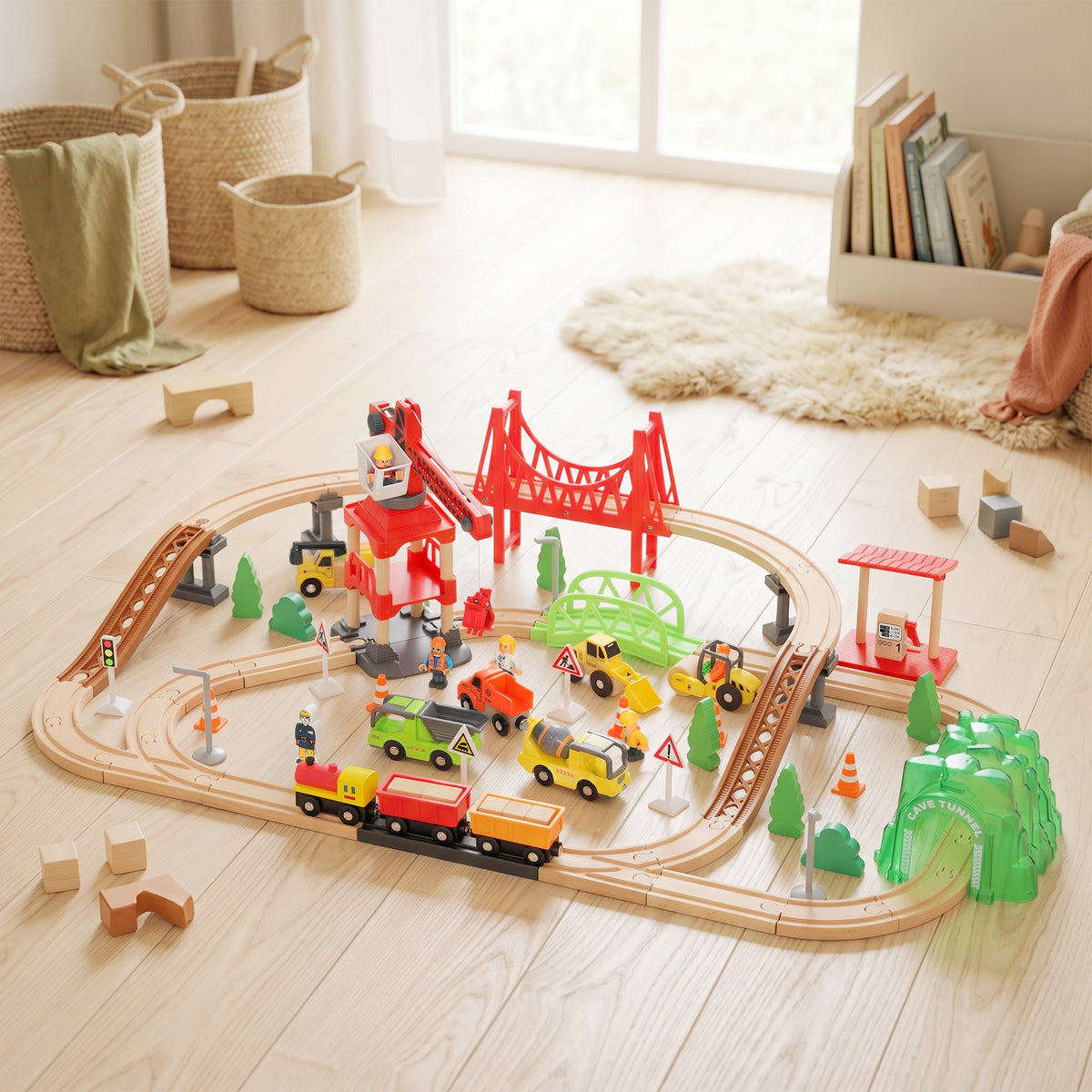 Circuit Train en Bois Enfant 91 Pièces avec Rails, Véhicules de Chantier, Pont, Sonores, 86,1x76,1x25cm, Multicolore-1