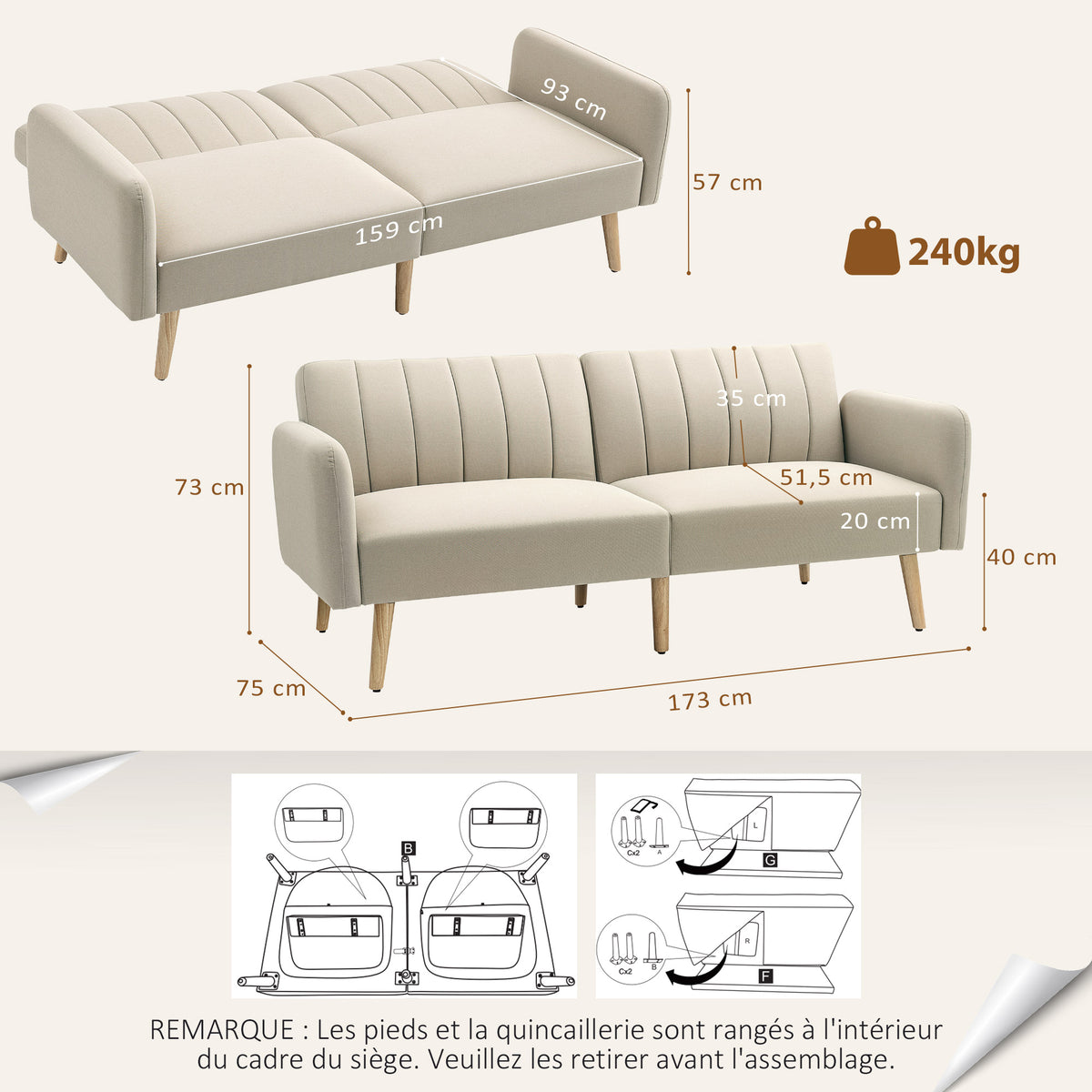 Canapé Convertible 2 Places Design scandinave Dossier inclinable 3 Positions Pieds Bois Tissu Aspect Lin Beige-2