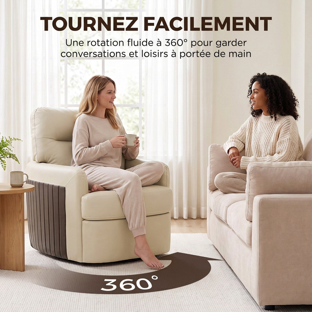 Fauteuil de Salon Pivotant à 360°, Fauteuil Lounge en PU avec Assise Large, Accoudoirs Incurvés, Crème-3