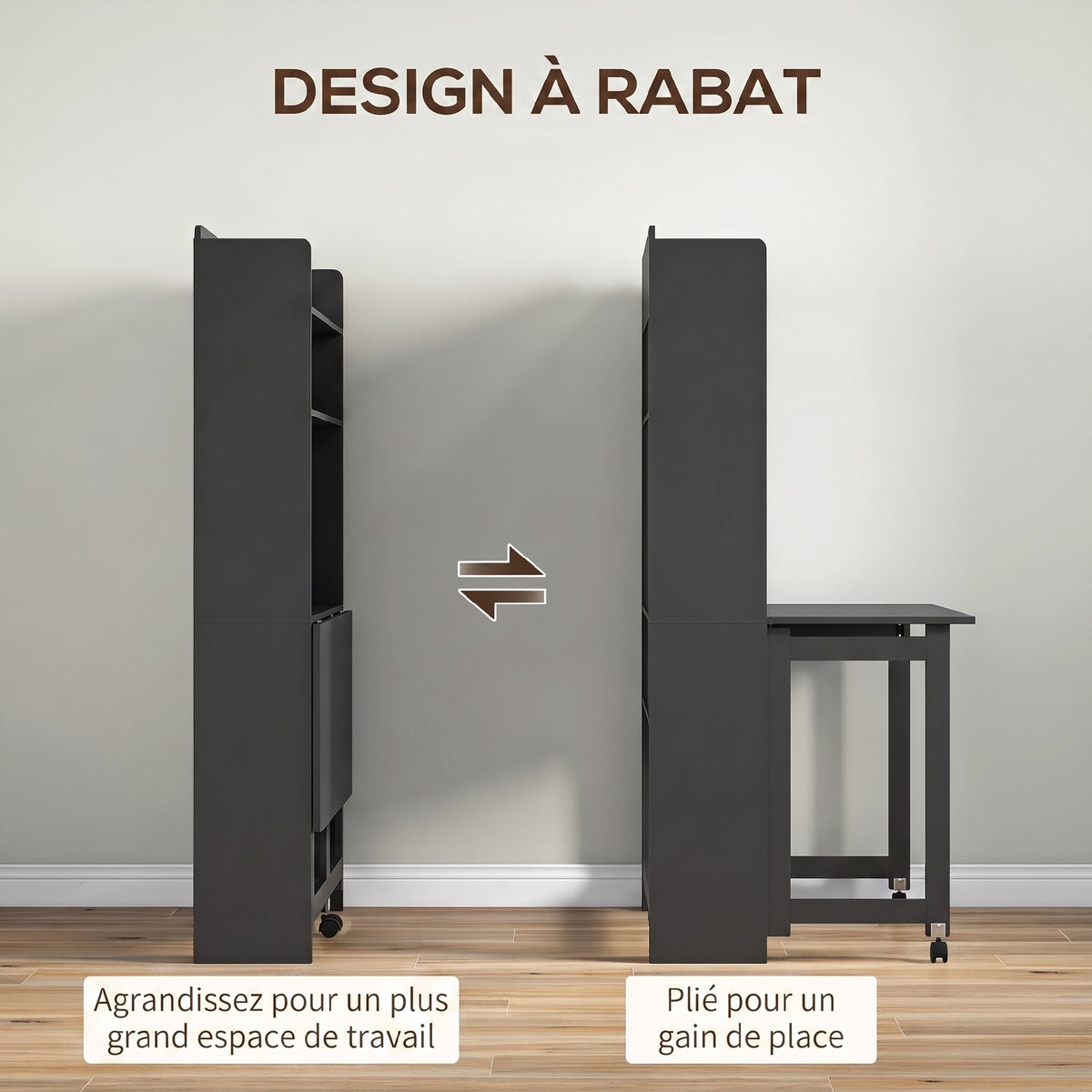 Bureau Informatique avec Étagères de Rangement, Plateau Rabattable, 2 Roulettes, pour Chambre, Salon, 80x69x155cm, Noir-3