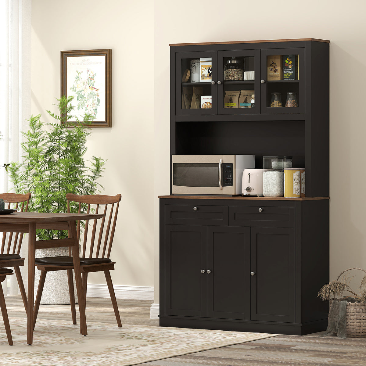 Buffet haut cuisine, armoire de cuisine, 6 portes, 2 tiroirs, plan de travail, étagères réglables, 100x40x180cm, noir-9