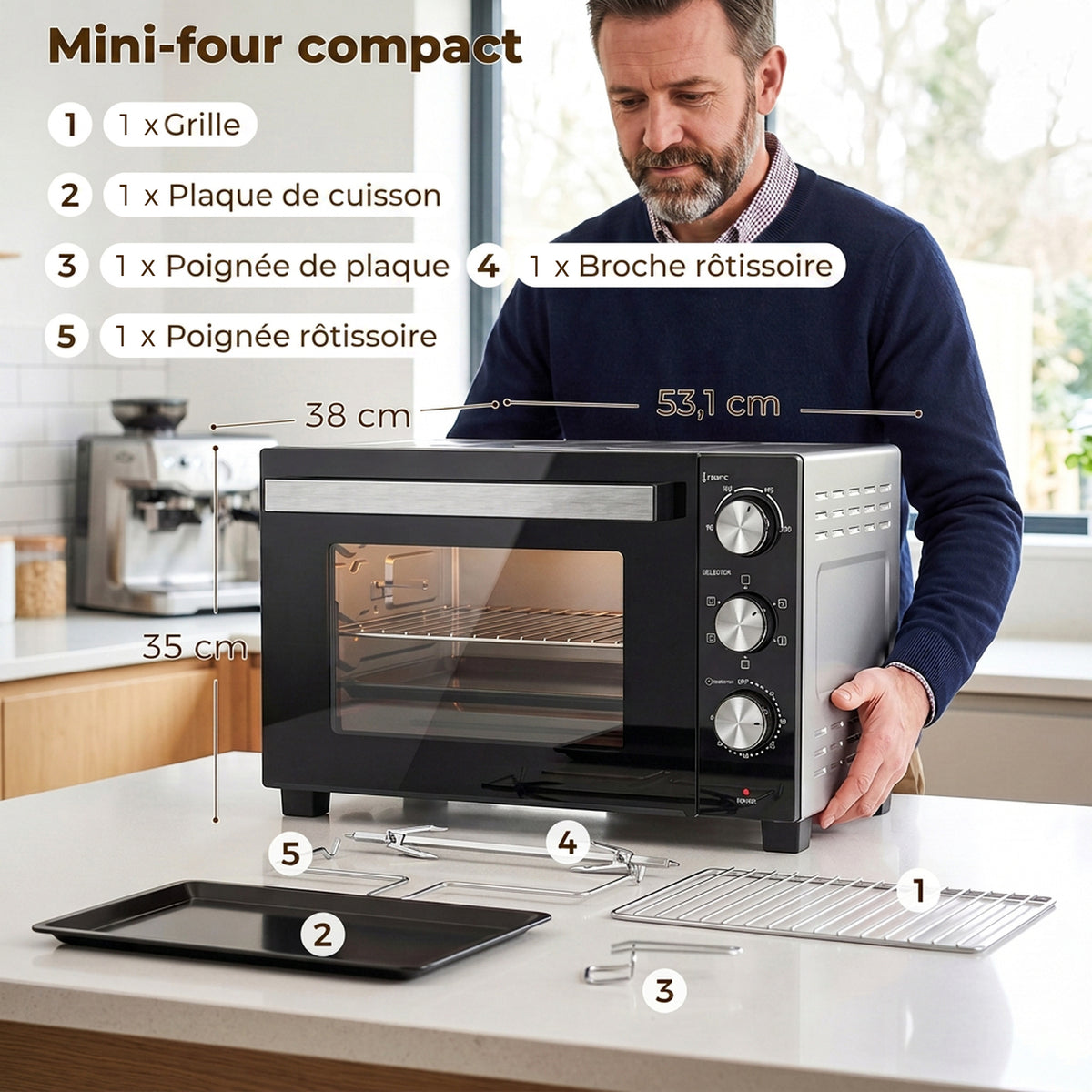 Mini-Four avec Broche Rotative 36L 1500 W, Four à Convection Multifonction, Chaleur Tournante, Minuterie 60 min, Argenté-2