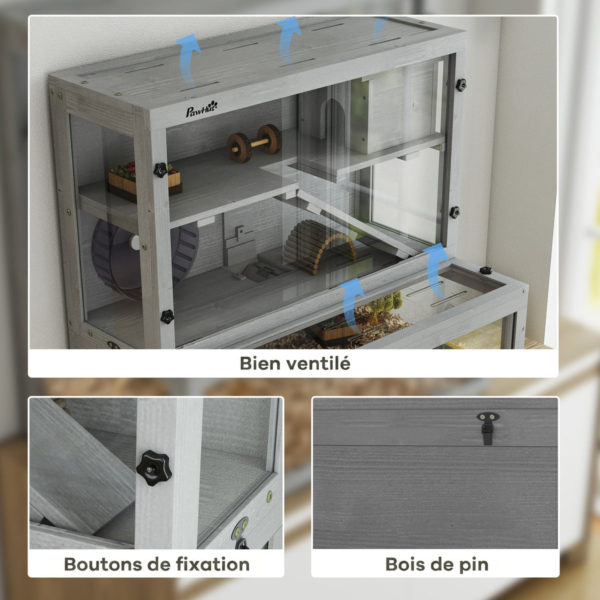 Cage Hamster en Bois, 3 Niveaux avec Cabane, Roue, Rampes, Panneau Transparent, Espaces Séparés, 80x50x84cm, Gris-4