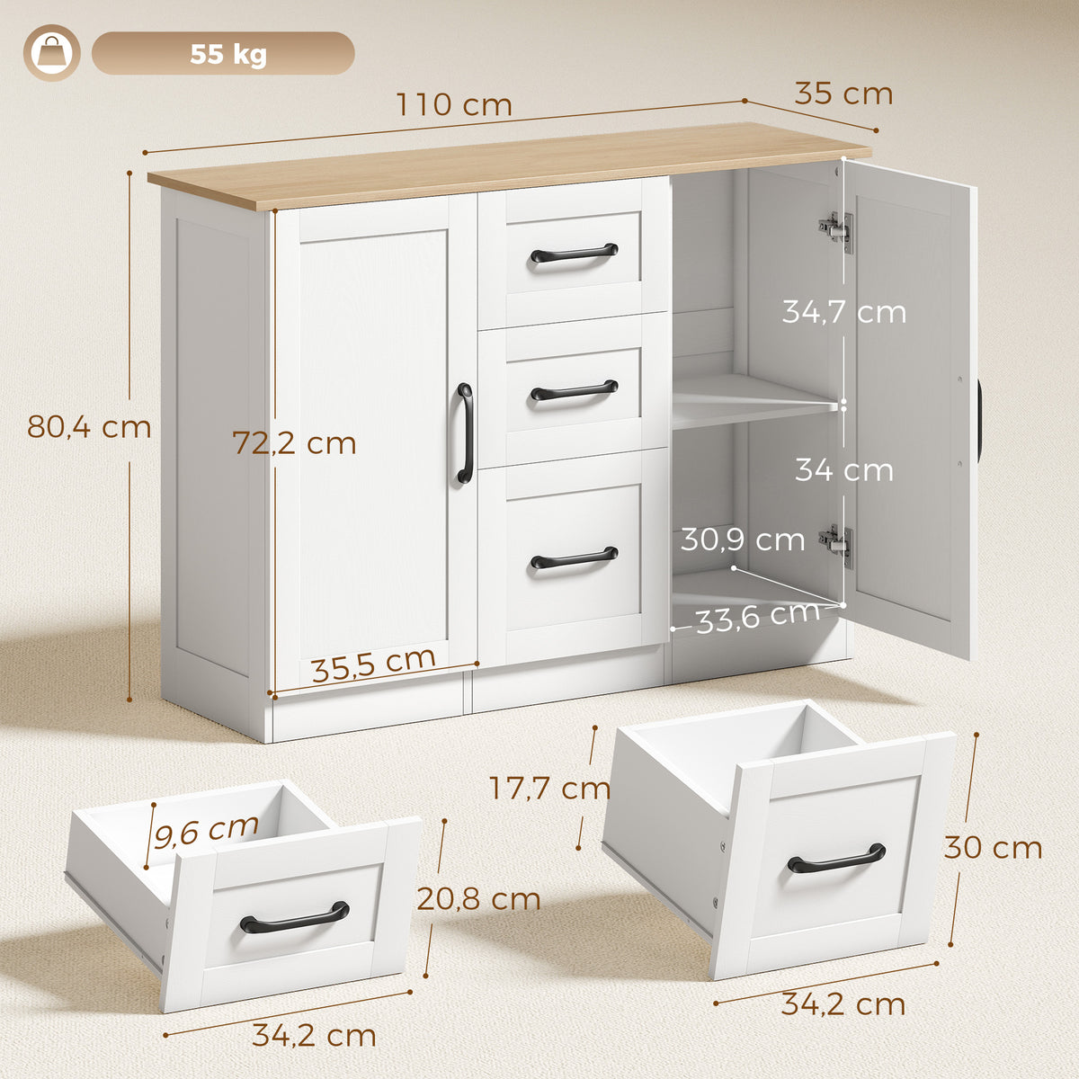 Buffet salon, meuble de rangement avec 2 portes à fermeture douce et 3 tiroirs, 110x35x80,4cm, blanc et bois naturel-2