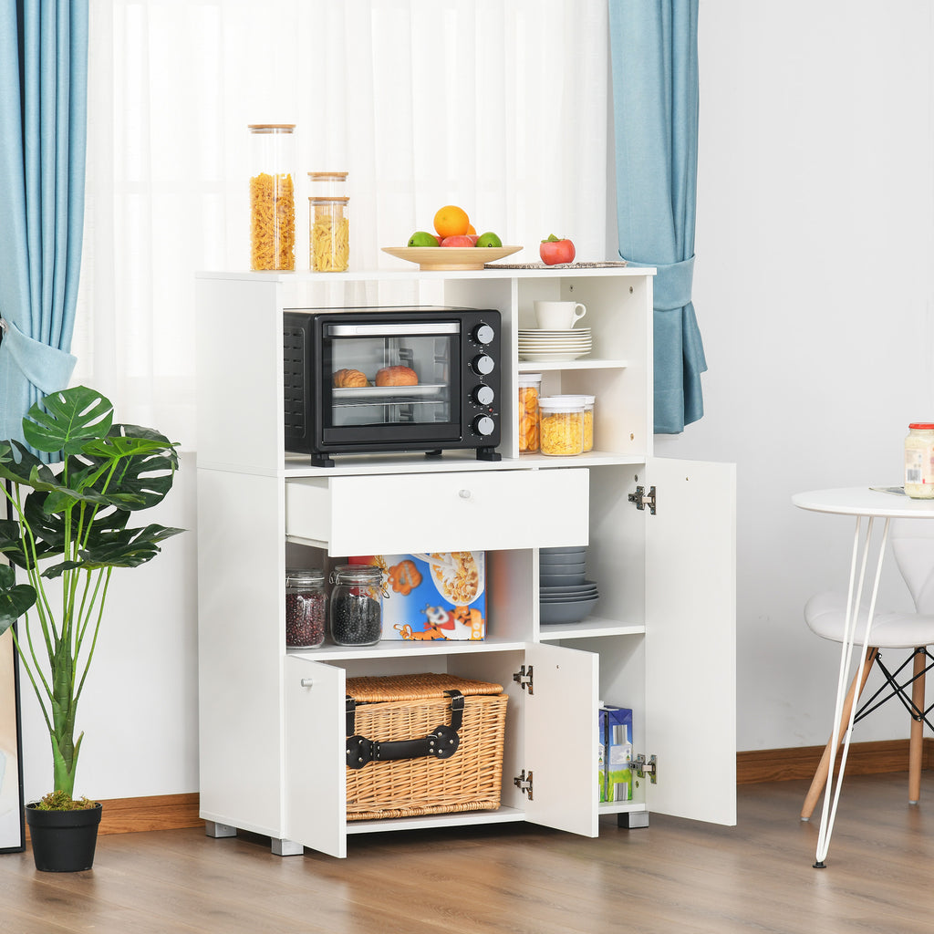Meuble de micro-onde armoire cuisine meuble de rangement multi-rangements buffet avec 2 placards 4 niches tiroir coulissant dim. 90L x 40l x 120H cm en bois blanc-6