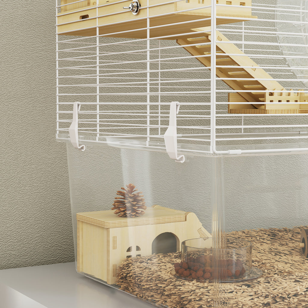 Cage à hamster à 3 niveaux, cage rongeur avec roue d'exercice, plateau profond transparent, 59 x 35,5 x 47 cm, blanc-8