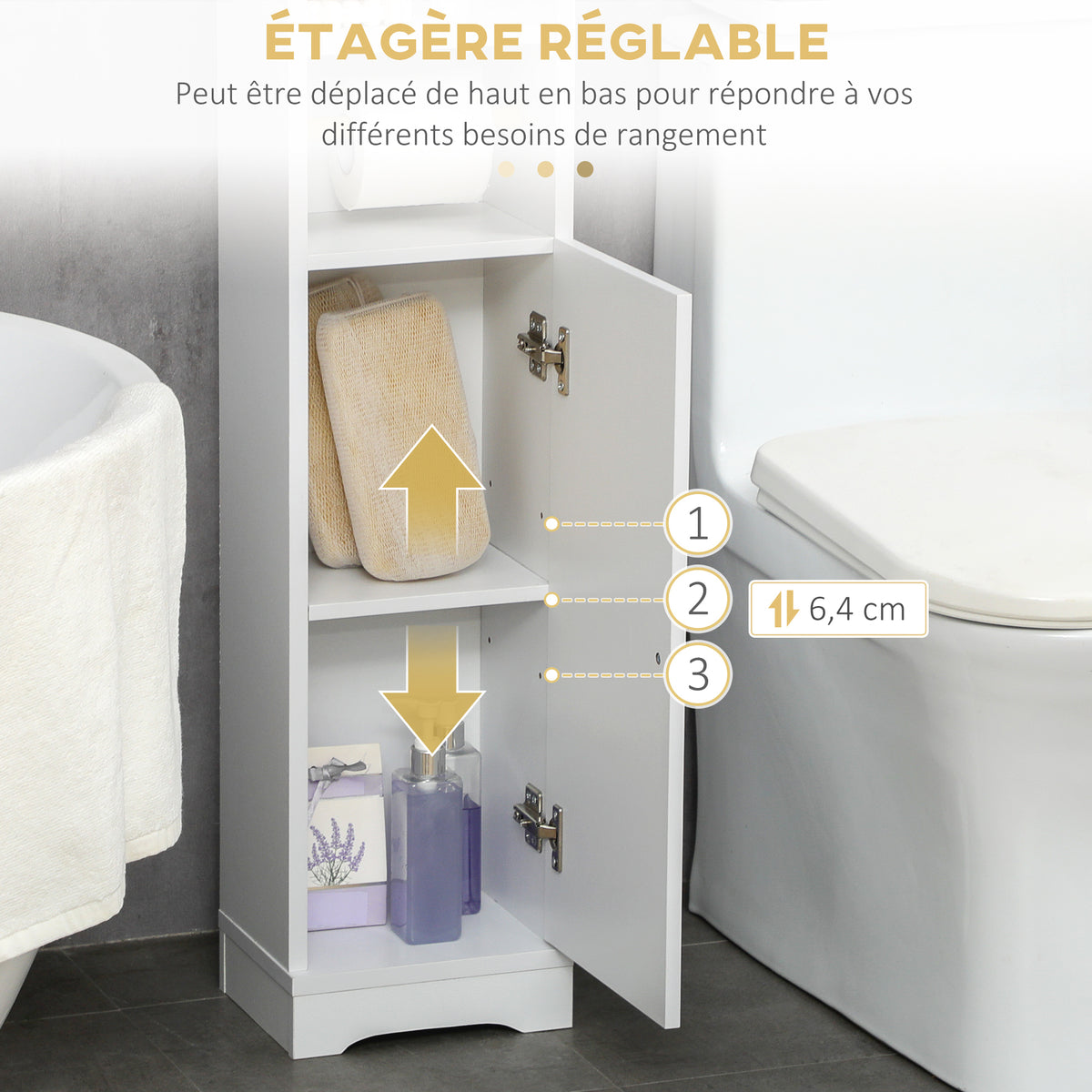 Meuble bas de salle de bain 1 étagère supérieure ouverte 2 compartiments et 1 placard 23 x 18 x 100 cm blanc-4