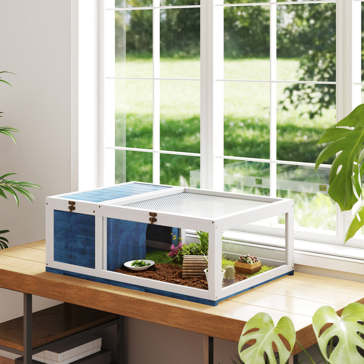 Maison enclos cage habitat pour petit animal tortues avec 2 espaces 91 x 60,5 x 32 cm bois massif bleu-1