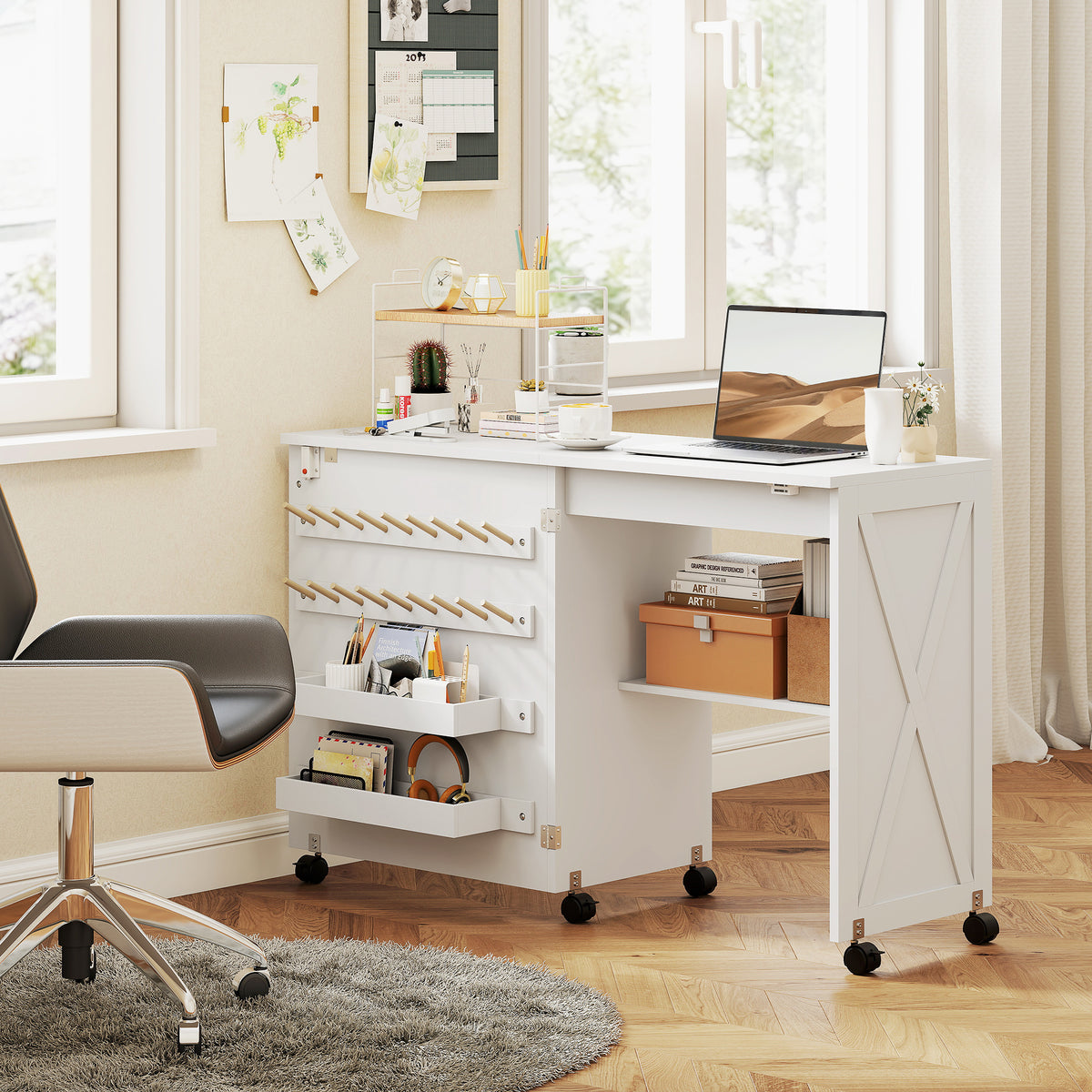 Table de Couture Pliante, Meuble Couture Roulant, Porte Magnétique de Grange, 2 Bacs, Étagère, 18 Chevilles, Blanc-9