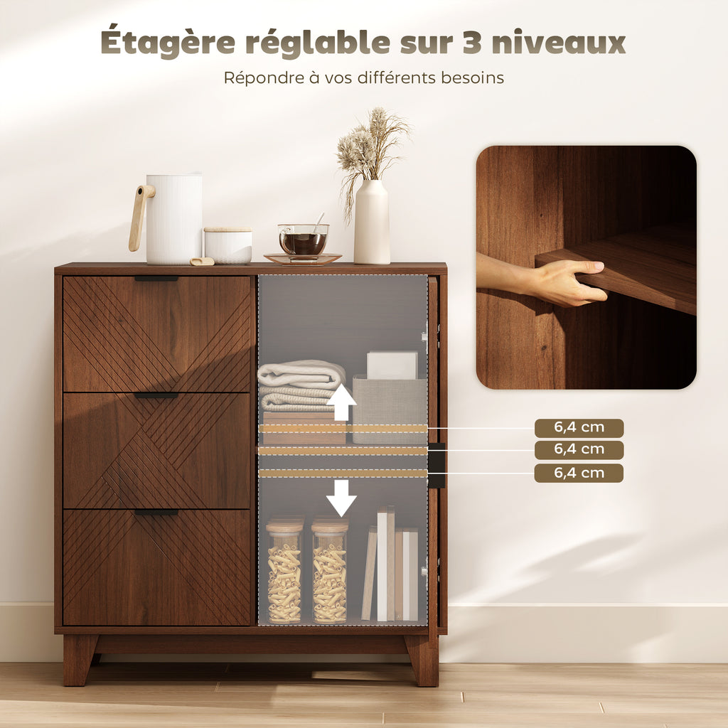 Buffet salon meuble de rangement avec placard à porte 3 tiroirs et étagère réglable 75 x 39 x 80 cm, effet bois marron-4