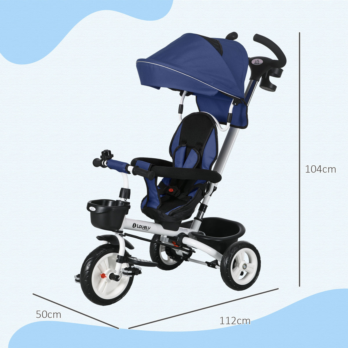 Tricycle 6 en 1 pour enfants, poignée de poussée, siège réversible, panier, auvent, ceinture de sécurité, 1-5 ans, bleu-2