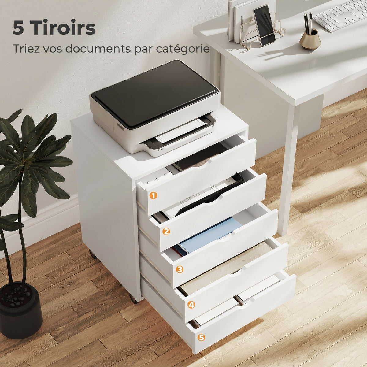 Caisson bureau mobile avec 5 tiroirs, meuble rangement bureau à roulettes pour documents A3/Lettre/A4, blanc-3