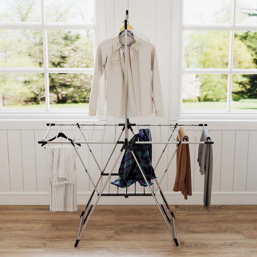 Séchoir à linge étendoir pliable, ailes réglables 5 niveaux, 4 supports à chaussures, acier inoxydable, argenté-8