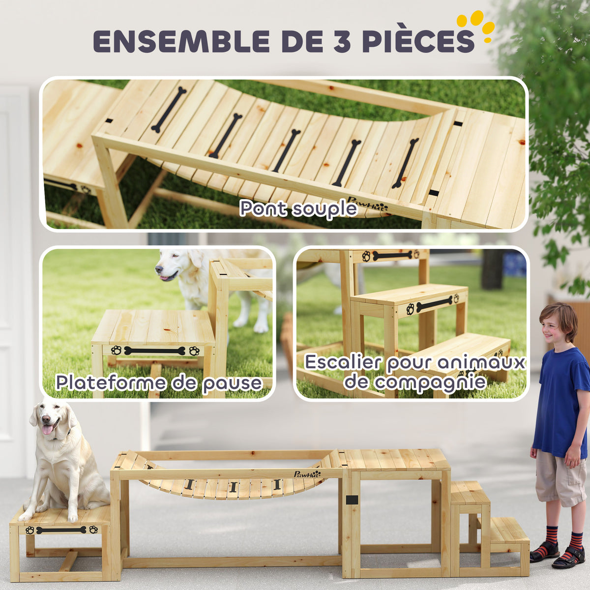 Équipements d'entraînement agilité pour chien kit d'équipement d'agilité pour chien 3 pièces en bois massif bois naturel-3