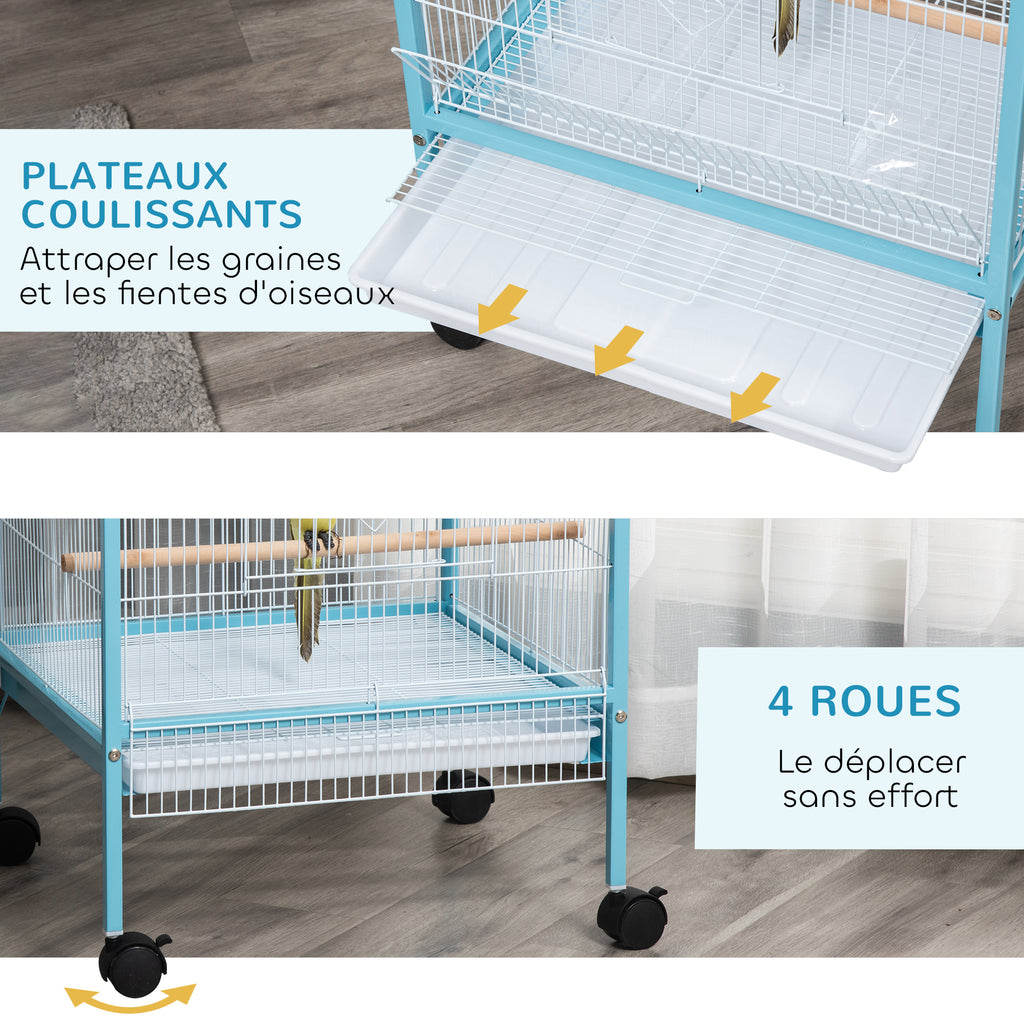 Grande Cage à Oiseaux sur Pied Double avec Mangeoires Perchoirs Plateau Amovible Roulettes 51,5 x 50 x 140 cm Bleu Clair-5