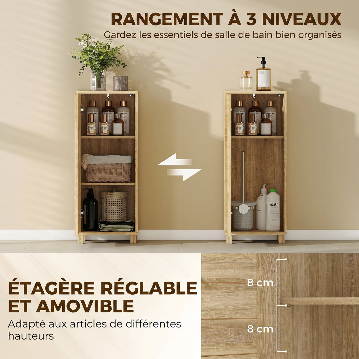 Meuble de Salle de Bain en Bois avec Étagère Réglable et Porte à Lamelles, Ouverture Pression, 34 x 23 x 84 cm, Naturel-4