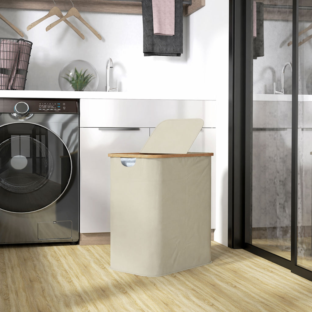 Panier à linge double pliable 80 L corbeille à linge sale avec couvercle, poignées rainurées, beige-1
