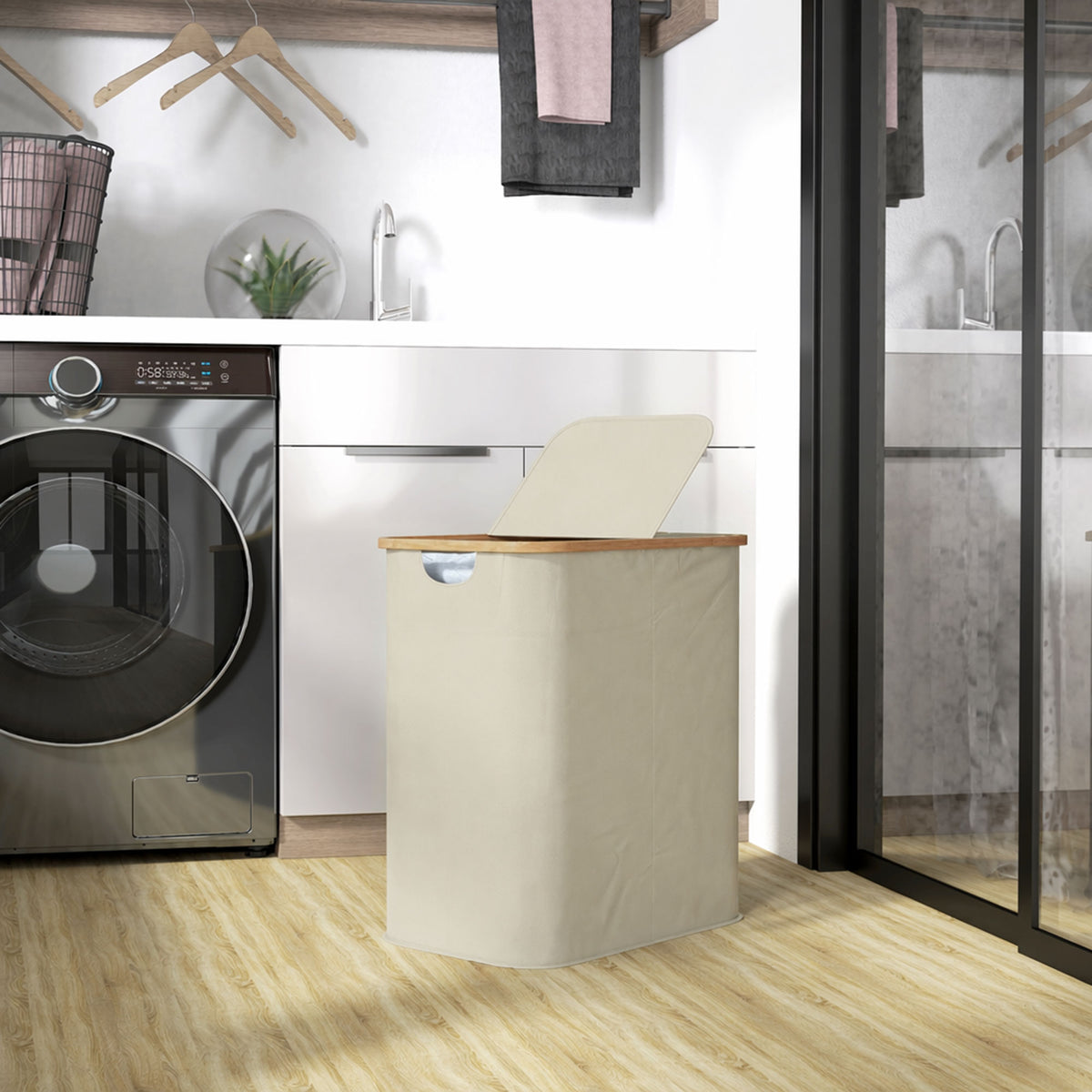 Panier à linge double pliable 80 L corbeille à linge sale avec couvercle, poignées rainurées, beige-1